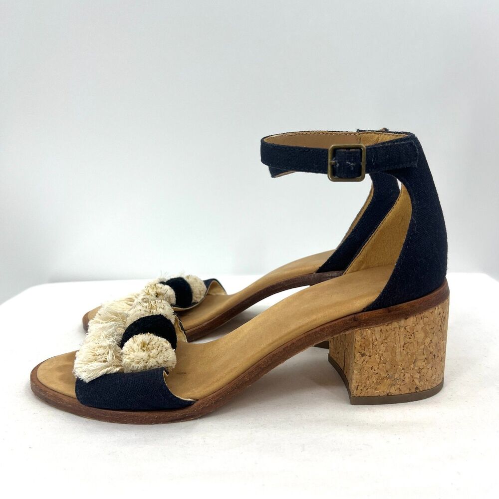 Soludos Navy Pom Pom Tassel Ankle Strap Cork Block Heel Sandals Women's 7.5